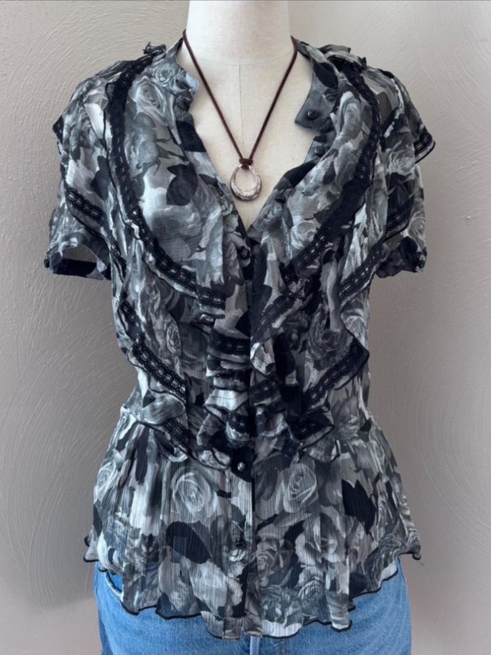 Saks Fifth Avenue Black & Gray Rose-Print Ruffle Blouse